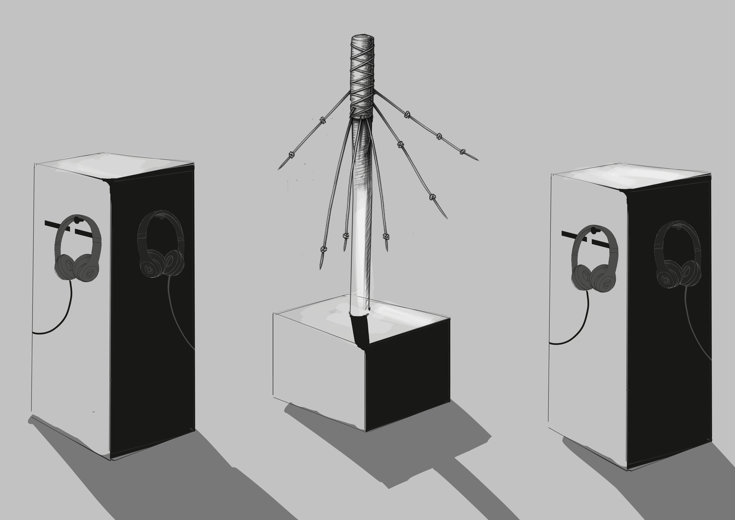 Installation sketch with headphone pedestals